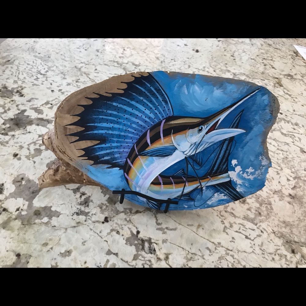 Hand painted fish on wood by artist Carol Ross